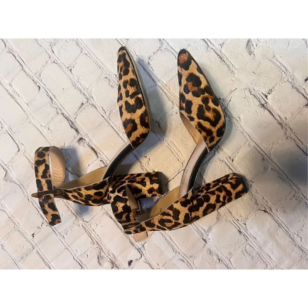 Michael Shannon Size 7.5 Romina Ankle Strap Chunky Heels Cheetah Print Cocktail